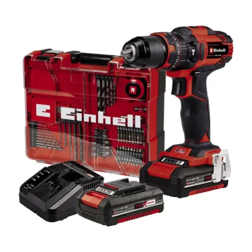 Taladro percutor a batería 18V + 2 baterías + 64 Accesorios Einhell TE-CD 18/40