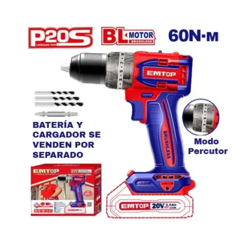 Taladro atorn. percutor Brushless 20V 13mm 60Nm (sin batería) EMTOP ECIDL206021