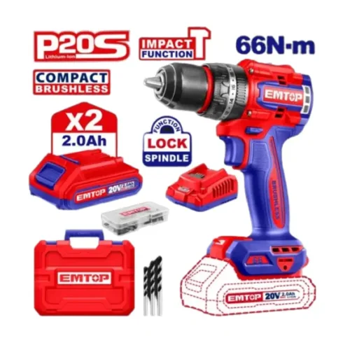 Taladro atornillador percutor Brushless 20V 13mm 66Nm (x2 Baterías 2Ah) EMTOP ECIDL20668