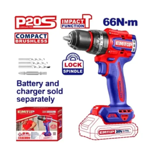Taladro atorn. percutor Brushless 20V 13mm 66Nm (sin batería) EMTOP ECIDL206681