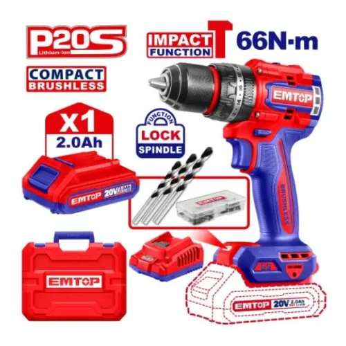 Taladro atornillador percutor Brushless 20V 13mm 66Nm (x1 batería) EMTOP ECIDL206682