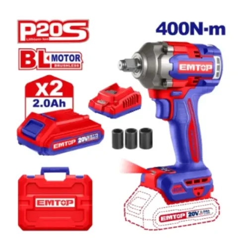 Llave de impacto a batería Brushless 20V 1/2″ 400Nm (x2 baterías 2Ah) EMTOP ECIWL2040