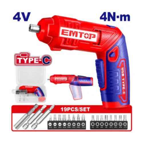 Mini atornillador 1/4″ 4V 4Nm + 19 Accesorios con estuche EMTOP ECSR0408