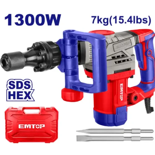 Martillo demoledor 7Kg 1300W 20 Joules Hex 28mm + Accesorios EMTOP EDBRH1301