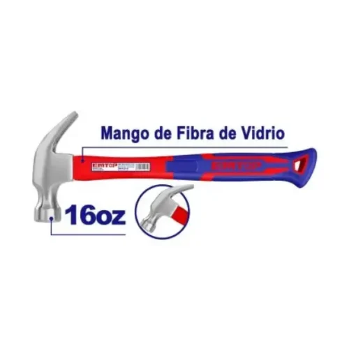 Martillo de uña con mango fibra de vidrio 450gr EMTOP EHAMCH1601