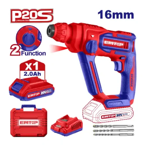 Rotomartillo a batería 16mm 20V 1.5J (1 batería 2Ah) EMTOP ELRH201681