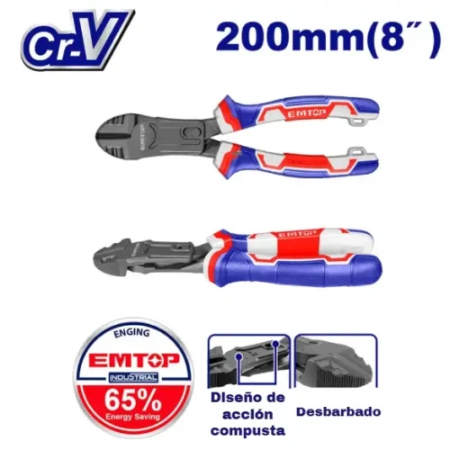 Pinza corte diagonal 8″ doble engranaje CrV EMTOP EPLRCD0851