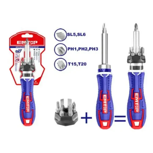 Destornillador con crique + 7 puntas EMTOP ESDRH0802
