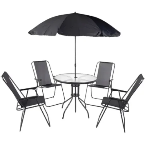 Juego de muebles negro 6 piezas (4 sillas, mesa redonda, sombrilla) GoLeader GL-25013