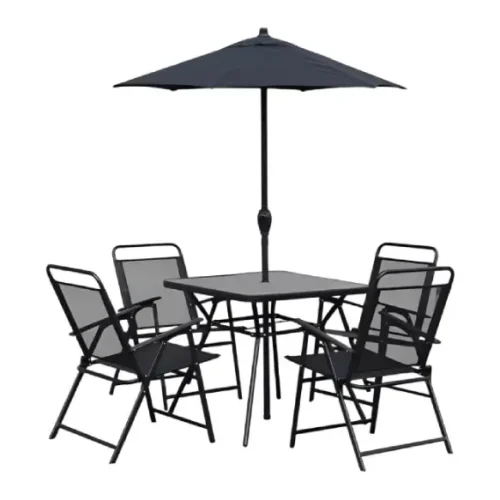 Juego de muebles negro 6 piezas (4 sillas, mesa cuadrada, sombrilla) GoLeader GL-72833