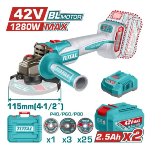 Amoladora inalámbrica Brushless 42V 1280W (x2 baterías 2.5Ah) TOTAL TAGLI4128112