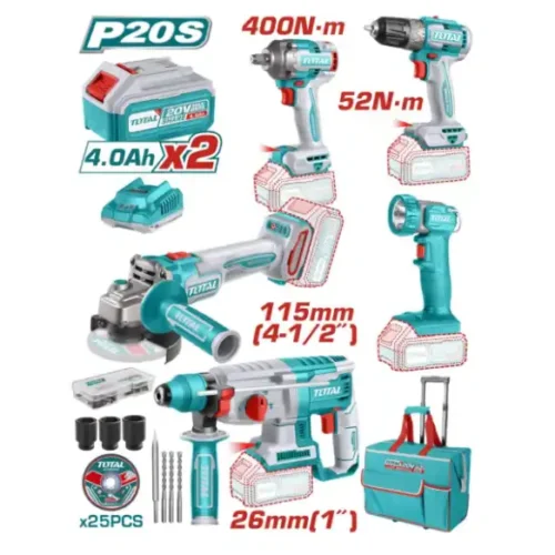Combo Brushless Taladro + Llave Impacto + Amoladora + Linterna + Rotomartillo TOTAL TCKLI2058
