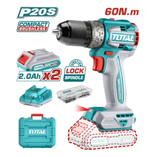 Taladro atornillador inalámbrico Brushless 20V 60Nm (x2 baterías 2Ah) TOTAL TDLI20602