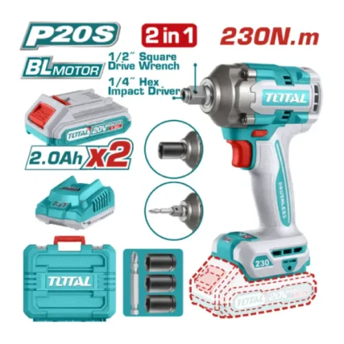 Atornillador 1/4″ + Llave de impacto 1/2″ 20V Brushless 230Nm (x2 baterías 2Ah) TOTAL TIWLI20236
