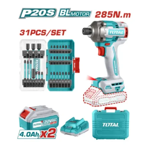 Atornillador impacto Brushless 20V 1/4″ 285Nm (x2 baterías 4Ah) + 31 puntas TOTAL TOSLI240966