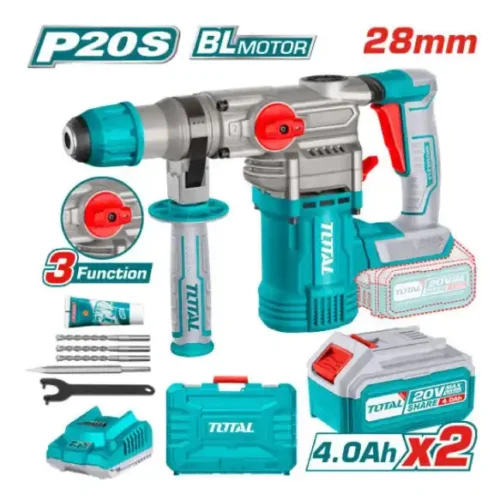 Rotomartillo inalámbrico SDS Plus Brushless 20V 28mm 4.5J (x2 baterías de 4Ah) TOTAL TRHLI202882